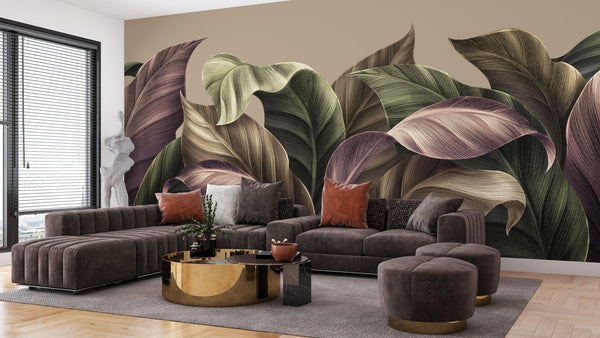 Luxury Tropical Leaves Wallpaper, Beige Background Mural, Oversized Custom Size Wall Art, Non - Woven, Non - Adhesive, Modern Wall Paper, Removable - Adawall Wallpaper - Registered Trade Accounts Only, Wallpaper Wholesale Account - W78224 - Adawall Wholesale - Wallpaper Wholesaler