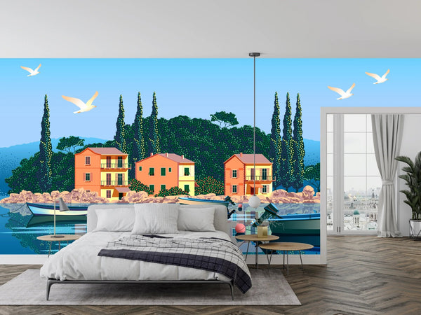 Mediterranean Landscape Wallpaper, Boats, Sea Mural, Oversized Custom Size Wall Art, Non - Woven, Non - Adhesive, Modern Wall Paper, Removable - Adawall Wallpaper - Registered Trade Accounts Only, Wallpaper Wholesale Account - W77770 - Adawall Wholesale - Wallpaper Wholesaler