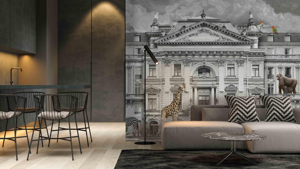 Modern Animals Building Wallpaper, Gray Jungle Wall Mural, Custom Size Architecture Wall Covering, Non-Woven, Non-Adhesive, Washable, Removable - Walloro High End Wallcoverings & More