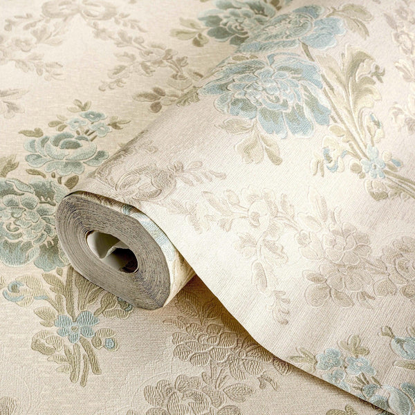 Modern Creamy, Teal Flower Wallpaper, Home Wall Decor, Aesthetic Wallpaper, Textured Wallcovering Non-Adhesive and Non-Peel and Stick - Walloro High End Wallcoverings & More