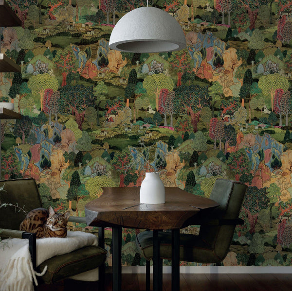 Modern Landscape Trees Wall Mural, Green Village Wallpaper, Extra Large Custom Size Wall Art, Non - Woven, Non - Adhesive, Removable, Washable - Adawall Wallpaper - Registered Trade Accounts Only, Wallpaper Wholesale Account - SE314-1 - Adawall Wholesale - Wallpaper Wholesaler