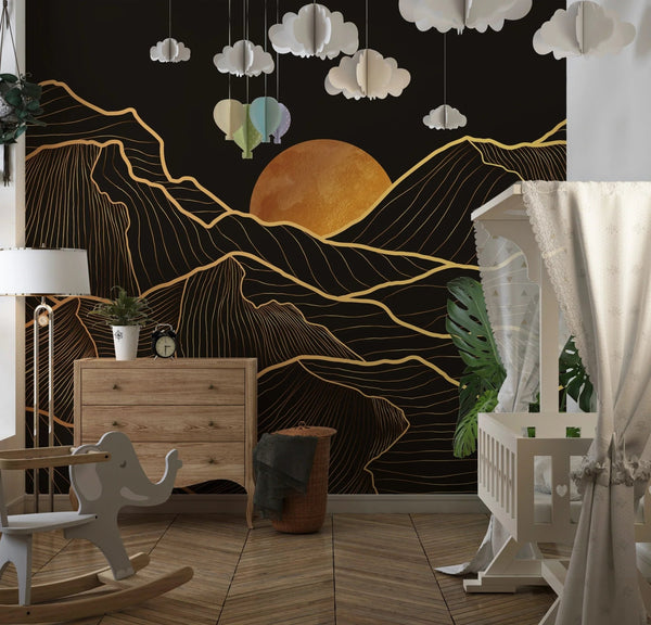 Mountain Gold Line Art Wallpaper, Black Background Mural, Oversized Custom Size Wall Art, Non - Woven, Non - Adhesive, Modern Wall Paper, Removable - Adawall Wallpaper - Registered Trade Accounts Only, Wallpaper Wholesale Account - W77907 - Adawall Wholesale - Wallpaper Wholesaler