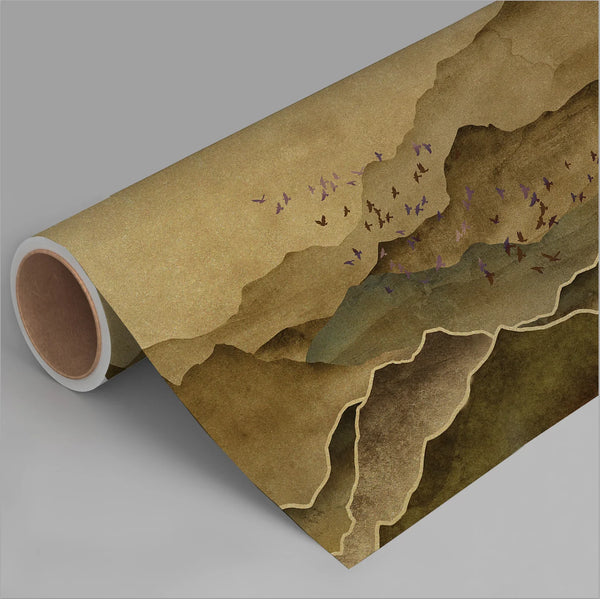 Mountain Scenic Wall Mural, Yellow Nature Wallpaper, Custom Size Wall Covering, Non-Woven, Non-Pasted, Removable, Washable, Extra Large Bird Art - Walloro High End Wallcoverings & More