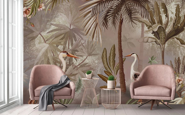 Nature Forest Wallpaper, Birds Palm Tree Wall Mural, Brown Jungle Theme Large Wall Art, Non - Woven, Non - Adhesive, Removable, Exotic Wall Paper - Adawall Wallpaper - Registered Trade Accounts Only, Wallpaper Wholesale Account - A317-3 - Adawall Wholesale - Wallpaper Wholesaler