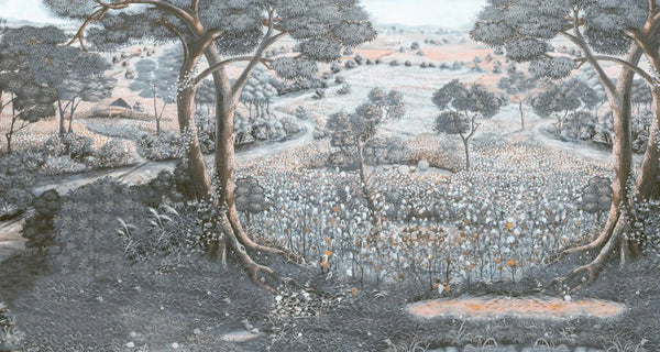 Nature Landscape Wall Mural, Gray Trees Scene Wallpaper, Flowers Extra Large Custom Size Wall Art, Non-Woven, Non-Pasted, Removable, Washable - Walloro High End Wallcoverings & More