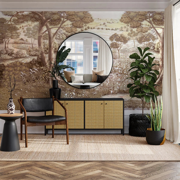 Nature Landscape Wall Mural, Light Beige Vintage Trees Scene Wallpaper, Flowers Extra Large Custom Size Wall Art, Non-Woven, Non-Pasted, Removable, Washable - Walloro High End Wallcoverings & More