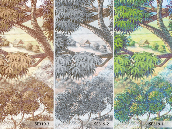 Nature Landscape Wall Mural, Light Beige Vintage Trees Scene Wallpaper, Flowers Extra Large Custom Size Wall Art, Non-Woven, Non-Pasted, Removable, Washable - Walloro High End Wallcoverings & More