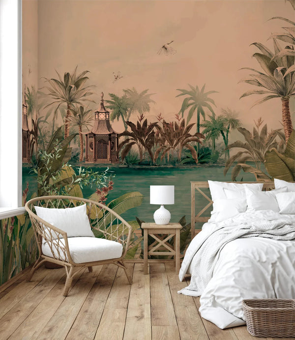 Nature Theme Wall Mural, Palm Trees Lake Scenic Wall Mural, Brown Jungle Scene Large Wall Art, Non-Woven, Non-Adhesive, Removable, Exotic Wall Paper, Washable - Walloro High End Wallcoverings & More