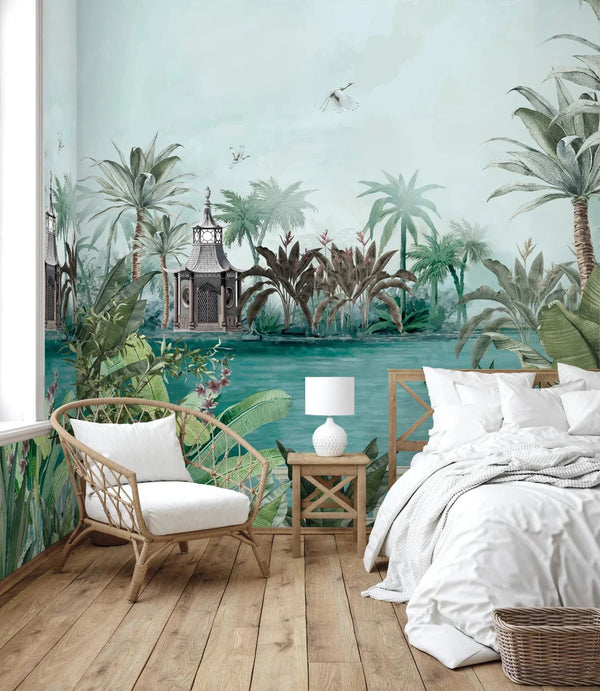 Nature Theme Wall Mural, Palm Trees Lake Scenic Wall Mural, Green Jungle Scene Large Wall Art, Non - Woven, Non - Adhesive, Removable, Exotic Wall Paper, Washable - Adawall Wallpaper - Registered Trade Accounts Only, Wallpaper Wholesale Account - A318-1 - Adawall Wholesale - Wallpaper Wholesaler