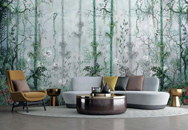 Nature Trees Wall Mural, Green Forest Theme Wallpaper, Large Jungle Custom Size Wall Art, Non-Woven, Non-Pasted, Removable, Washable, Covering - Walloro High End Wallcoverings & More