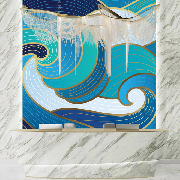 Navy Blue, Gold Abstract Wallpaper, Wavy Mural, Oversized Custom Size Wall Art, Non - Woven, Non - Adhesive, Modern Wall Paper, Removable - Adawall Wallpaper - Registered Trade Accounts Only, Wallpaper Wholesale Account - W77906 - Adawall Wholesale - Wallpaper Wholesaler