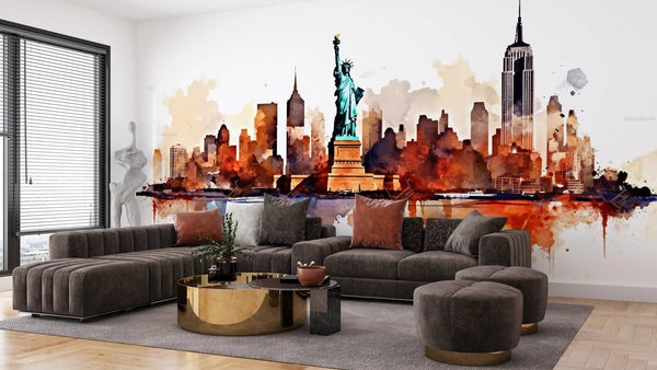 New York Wallpaper, Watercolor Mural, Oversized Custom Size Wall Art, Non - Woven, Non - Adhesive, Modern Wall Paper, Removable - Adawall Wallpaper - Registered Trade Accounts Only, Wallpaper Wholesale Account - W77819 - Adawall Wholesale - Wallpaper Wholesaler