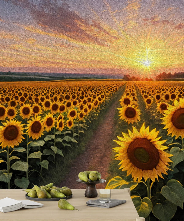 Panaroma Sunflowers, Sunset Wallpaper, Oil Painting Mural, Oversized Custom Size Wall Art, Non - Woven, Non - Adhesive, Modern Wall Paper, Removable - Adawall Wallpaper - Registered Trade Accounts Only, Wallpaper Wholesale Account - W77610 - Adawall Wholesale - Wallpaper Wholesaler