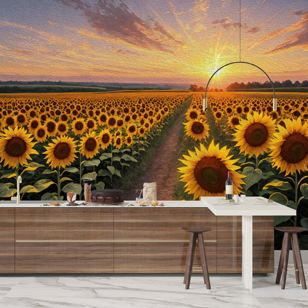Panaroma Sunflowers, Sunset Wallpaper, Oil Painting Mural, Oversized Custom Size Wall Art, Non - Woven, Non - Adhesive, Modern Wall Paper, Removable - Adawall Wallpaper - Registered Trade Accounts Only, Wallpaper Wholesale Account - W77610 - Adawall Wholesale - Wallpaper Wholesaler