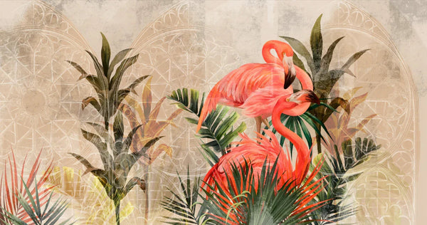 Pink Flamingos Wallpaper, Tropical Plants Mural, Oversized Custom Size Wall Art, Non - Woven, Non - Adhesive, Modern Wall Paper, Removable - Adawall Wallpaper - Registered Trade Accounts Only, Wallpaper Wholesale Account - W77512 - Adawall Wholesale - Wallpaper Wholesaler