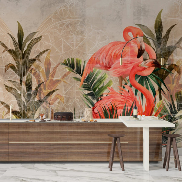 Pink Flamingos Wallpaper, Tropical Plants Mural, Oversized Custom Size Wall Art, Non - Woven, Non - Adhesive, Modern Wall Paper, Removable - Adawall Wallpaper - Registered Trade Accounts Only, Wallpaper Wholesale Account - W77512 - Adawall Wholesale - Wallpaper Wholesaler