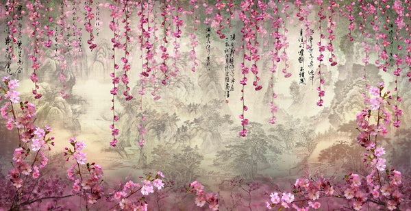 Pink Sakura Flowers Wallpaper, Chinoiserie Mural, Oversized Custom Size Wall Art, Non - Woven, Non - Adhesive, Modern Wall Paper, Removable - Adawall Wallpaper - Registered Trade Accounts Only, Wallpaper Wholesale Account - W78110 - Adawall Wholesale - Wallpaper Wholesaler