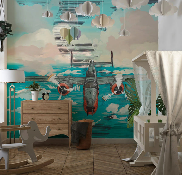 Plane in the Sky Wallpaper, Over the Sea Mural, Oversized Custom Size Wall Art, Non - Woven, Non - Adhesive, Modern Wall Paper, Removable - Adawall Wallpaper - Registered Trade Accounts Only, Wallpaper Wholesale Account - W78143 - Adawall Wholesale - Wallpaper Wholesaler