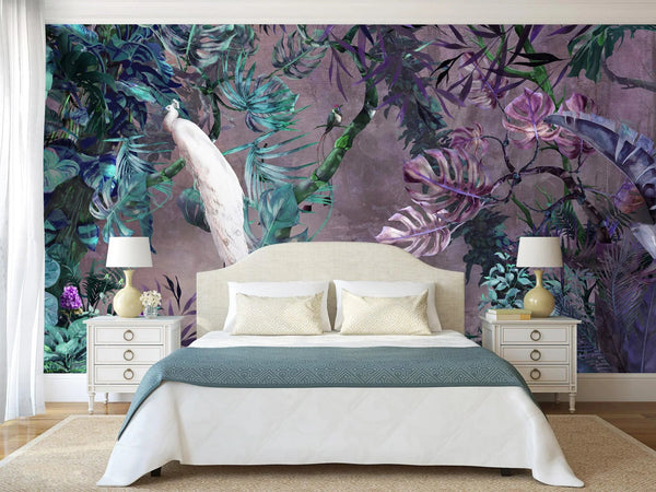 Purple Chinoiserie Peacock Floral Tropical Custom Wallpaper, Birds Wall Mural, Non - woven Non - Adhesive Wall Paper, Luxury, Large, Removable Washable Large Wall Art - Adawall Wallpaper - Registered Trade Accounts Only, Wallpaper Wholesale Account - A301-2 - Adawall Wholesale - Wallpaper Wholesaler