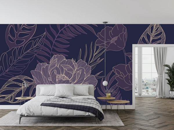 Purple Flowers Wallpaper, Big Leaves Mural, Oversized Custom Size Wall Art, Non - Woven, Non - Adhesive, Modern Wall Paper, Removable - Adawall Wallpaper - Registered Trade Accounts Only, Wallpaper Wholesale Account - W77932 - Adawall Wholesale - Wallpaper Wholesaler