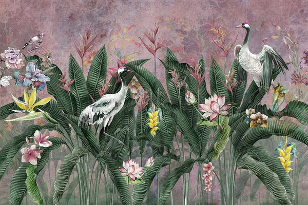 Purple Jungle Birds Wallpaper, Nature Forest Tropical Theme Wall Mural, Extra Large Customizable, Non - Adhesive, Removable Wall Paper, Leaves Flower - Adawall Wallpaper - Registered Trade Accounts Only, Wallpaper Wholesale Account - A314-2 - Adawall Wholesale - Wallpaper Wholesaler