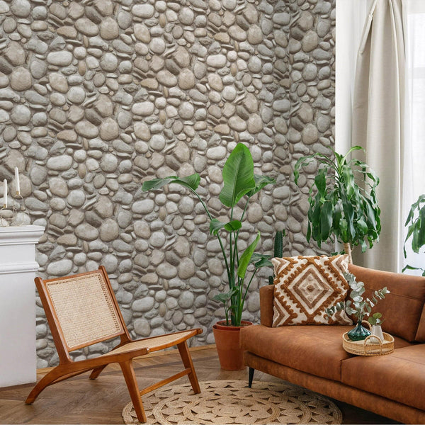 Realistic Embossed Oval Stone Wallpaper, Beige, Gray Farmhouse, Lodge Home Interior Design Wallcovering - Adawall Wallpaper - Registered Trade Accounts Only, Wallpaper Wholesale Account - 23113-1 - Adawall Wholesale - Wallpaper Wholesaler