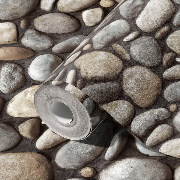 Realistic Embossed Oval Stone Wallpaper, Gray, Tan Farmhouse, Lodge Home Interior Design Wallcovering - Walloro High End Wallcoverings & More