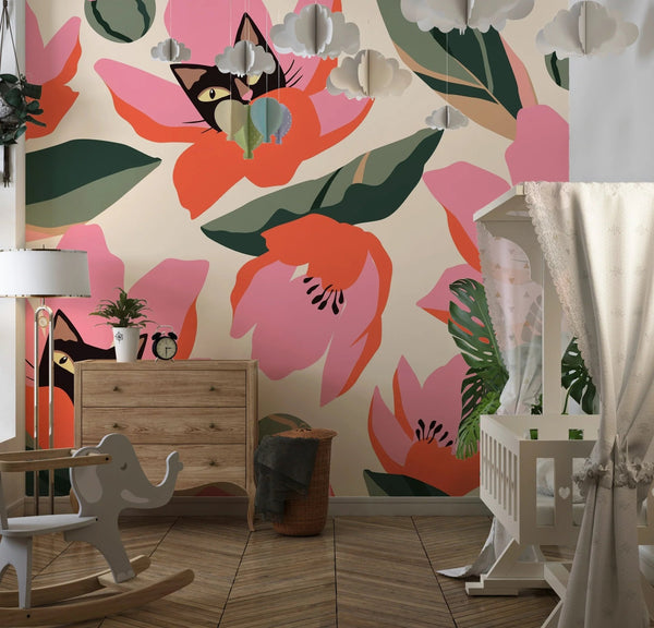 Red and Pink Floral, Kittens Wallpaper, Seamless Pattern Mural, Oversized Custom Size Wall Art, Non - Woven, Non - Adhesive, Modern Wall Paper, Removable - Adawall Wallpaper - Registered Trade Accounts Only, Wallpaper Wholesale Account - W77873 - Adawall Wholesale - Wallpaper Wholesaler