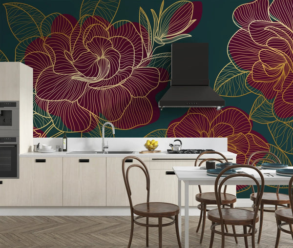 Red Rose Wallpaper, Green Background Mural, Oversized Custom Size Wall Art, Non - Woven, Non - Adhesive, Modern Wall Paper, Removable - Adawall Wallpaper - Registered Trade Accounts Only, Wallpaper Wholesale Account - W77930 - Adawall Wholesale - Wallpaper Wholesaler