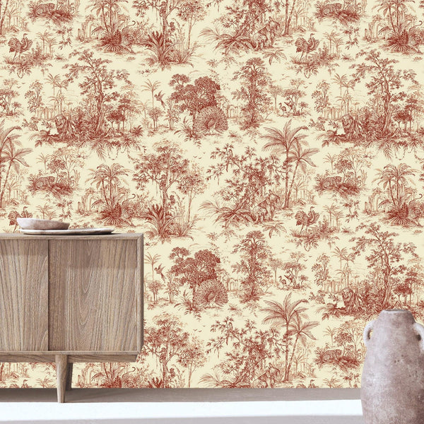 Red Tropical Toile Textured Wallpaper, Stylish Plants Animals Jungle Forest Theme Wallcovering - Adawall Wallpaper - Registered Trade Accounts Only, Wallpaper Wholesale Account - 9909-4 - Adawall Wholesale - Wallpaper Wholesaler