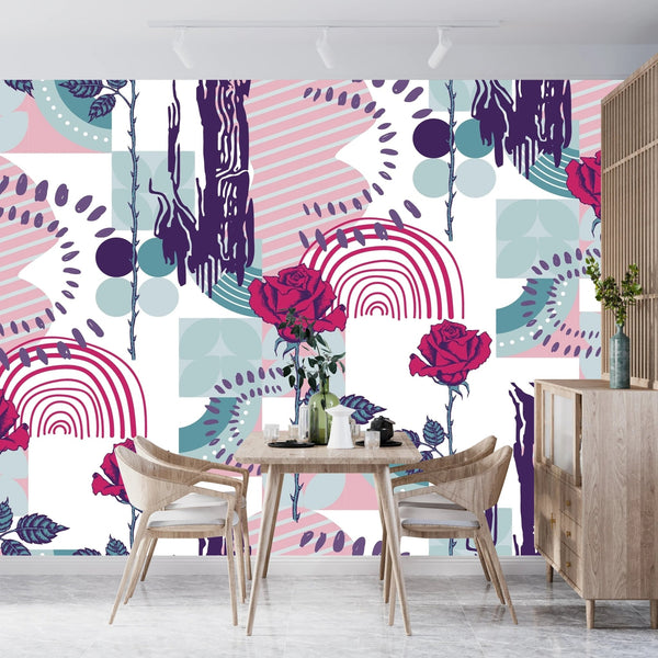 Rose and Abstract Figures Wallpaper, Seamless Pattern Mural, Oversized Custom Size Wall Art, Non - Woven, Non - Adhesive, Modern Wall Paper, Removable - Adawall Wallpaper - Registered Trade Accounts Only, Wallpaper Wholesale Account - W78107 - Adawall Wholesale - Wallpaper Wholesaler