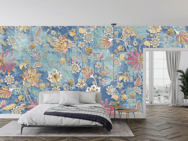 Rose Flower Wallpaper, Blue Background Mural, Oversized Custom Size Wall Art, Non - Woven, Non - Adhesive, Modern Wall Paper, Removable - Adawall Wallpaper - Registered Trade Accounts Only, Wallpaper Wholesale Account - W77844 - Adawall Wholesale - Wallpaper Wholesaler