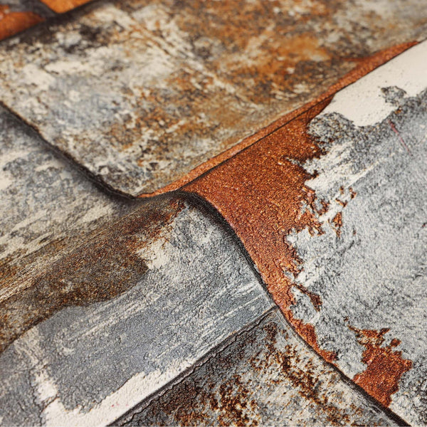 Rusted Metallic Stone Wallpaper, Realistic 3D Embossed Wall Decor, Industrial Aesthetic Wallcovering - Walloro High End Wallcoverings & More
