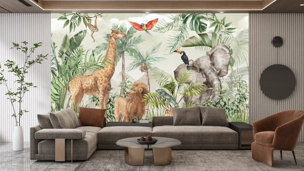 Safari Wildlife Wallpaper, Tropical Animals Mural, Oversized Custom Size Wall Art, Non - Woven, Non - Adhesive, Modern Wall Paper, Removable - Adawall Wallpaper - Registered Trade Accounts Only, Wallpaper Wholesale Account - W77778 - Adawall Wholesale - Wallpaper Wholesaler
