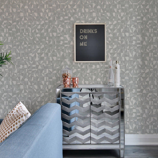 Shimmering Geometric Shapes Wallpaper, Silver Deep Embossed Asymmetrical Design Wallcovering - Walloro High End Wallcoverings & More