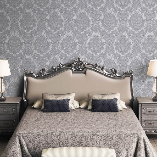 Silver Rich Baroque Damask Wallpaper Deep Embossed Shimmering Vintage Design - Walloro High End Wallcoverings & More