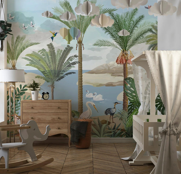 South Asian Subcontinent Wallpaper, Palm Trees, Birds Mural, Oversized Custom Size Wall Art, Non - Woven, Non - Adhesive, Modern Wall Paper, Removable - Adawall Wallpaper - Registered Trade Accounts Only, Wallpaper Wholesale Account - W77585 - Adawall Wholesale - Wallpaper Wholesaler