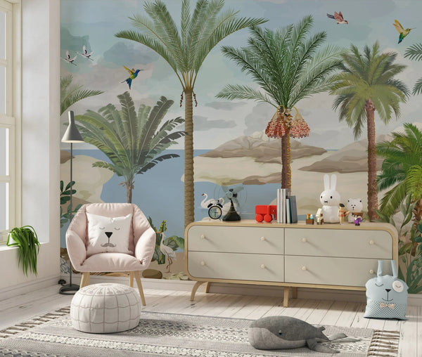 South Asian Subcontinent Wallpaper, Palm Trees, Birds Mural, Oversized Custom Size Wall Art, Non - Woven, Non - Adhesive, Modern Wall Paper, Removable - Adawall Wallpaper - Registered Trade Accounts Only, Wallpaper Wholesale Account - W77585 - Adawall Wholesale - Wallpaper Wholesaler