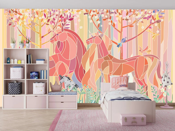 Stained Glass Unicorns Wallpaper, Spring Forest Mural, Oversized Custom Size Wall Art, Non - Woven, Non - Adhesive, Modern Wall Paper, Removable - Adawall Wallpaper - Registered Trade Accounts Only, Wallpaper Wholesale Account - W77949 - Adawall Wholesale - Wallpaper Wholesaler