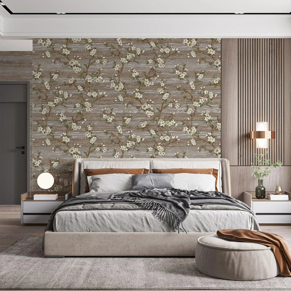 Stylish Floral Wallpaper, Brown, White Embossed Flocked Botanical Blossom Pattern, Bloom Design, Trendy Wall Accent Decoration - Walloro High End Wallcoverings & More