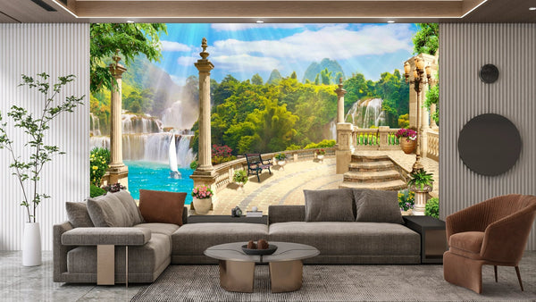Terrace with Waterfalls Wallpaper, Seascape Mural, Oversized Custom Size Wall Art, Non - Woven, Non - Adhesive, Modern Wall Paper, Removable - Adawall Wallpaper - Registered Trade Accounts Only, Wallpaper Wholesale Account - W77817 - Adawall Wholesale - Wallpaper Wholesaler