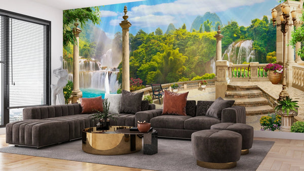 Terrace with Waterfalls Wallpaper, Seascape Mural, Oversized Custom Size Wall Art, Non - Woven, Non - Adhesive, Modern Wall Paper, Removable - Adawall Wallpaper - Registered Trade Accounts Only, Wallpaper Wholesale Account - W77817 - Adawall Wholesale - Wallpaper Wholesaler