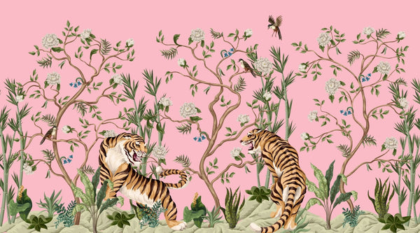 Tigers and Trees Wallpaper, Pink Background Mural, Oversized Custom Size Wall Art, Non - Woven, Non - Adhesive, Modern Wall Paper, Removable - Adawall Wallpaper - Registered Trade Accounts Only, Wallpaper Wholesale Account - W77687 - Adawall Wholesale - Wallpaper Wholesaler