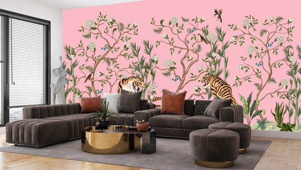 Tigers and Trees Wallpaper, Pink Background Mural, Oversized Custom Size Wall Art, Non - Woven, Non - Adhesive, Modern Wall Paper, Removable - Adawall Wallpaper - Registered Trade Accounts Only, Wallpaper Wholesale Account - W77687 - Adawall Wholesale - Wallpaper Wholesaler