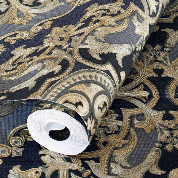 Timeless Design 3D Embossed Damask Wallpaper, Dark Blue, Gold Luxury Velvet Feeling Wallcovering, Large 114 sq ft Roll - Adawall Wallpaper - Registered Trade Accounts Only, Wallpaper Wholesale Account - 1301-5 - Adawall Wholesale - Wallpaper Wholesaler
