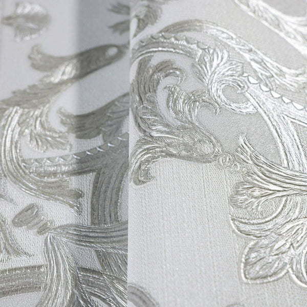 Timeless Design 3D Embossed Damask Wallpaper, White, Silver Luxury Velvet Feeling Wallcovering, Large 114 sq ft Roll - Adawall Wallpaper - Registered Trade Accounts Only, Wallpaper Wholesale Account - 1301-1 - Adawall Wholesale - Wallpaper Wholesaler