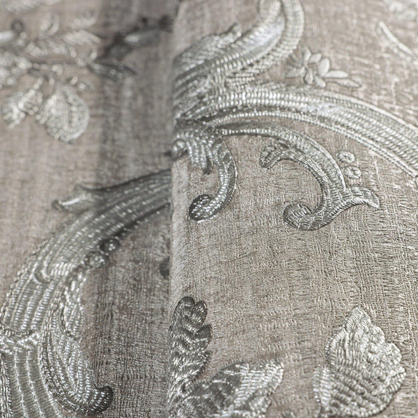 Timeless Velvet Feel Damask Embossed Wallpaper, Silver 3D Textured, Flocked, Washable, Luxury Wall Decoration - Walloro High End Wallcoverings & More