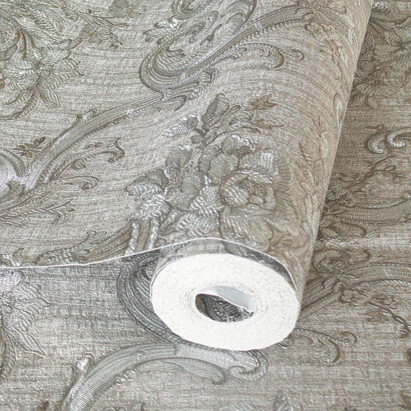 Timeless Velvet Feel Damask Embossed Wallpaper, Silver 3D Textured, Flocked, Washable, Luxury Wall Decoration - Adawall Wallpaper - Registered Trade Accounts Only, Wallpaper Wholesale Account - 1310-4 - Adawall Wholesale - Wallpaper Wholesaler