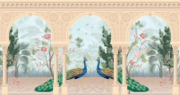 Traditional Mughal Garden Wallpaper, Peacock, Arch Mural, Oversized Custom Size Wall Art, Non - Woven, Non - Adhesive, Modern Wall Paper, Removable - Adawall Wallpaper - Registered Trade Accounts Only, Wallpaper Wholesale Account - W77713 - Adawall Wholesale - Wallpaper Wholesaler