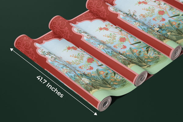 Traditional Mughal Garden Wallpaper, Peacock, Red Arch Mural, Oversized Custom Size Wall Art, Non - Woven, Non - Adhesive, Modern Wall Paper, Removable - Adawall Wallpaper - Registered Trade Accounts Only, Wallpaper Wholesale Account - W77714 - Adawall Wholesale - Wallpaper Wholesaler